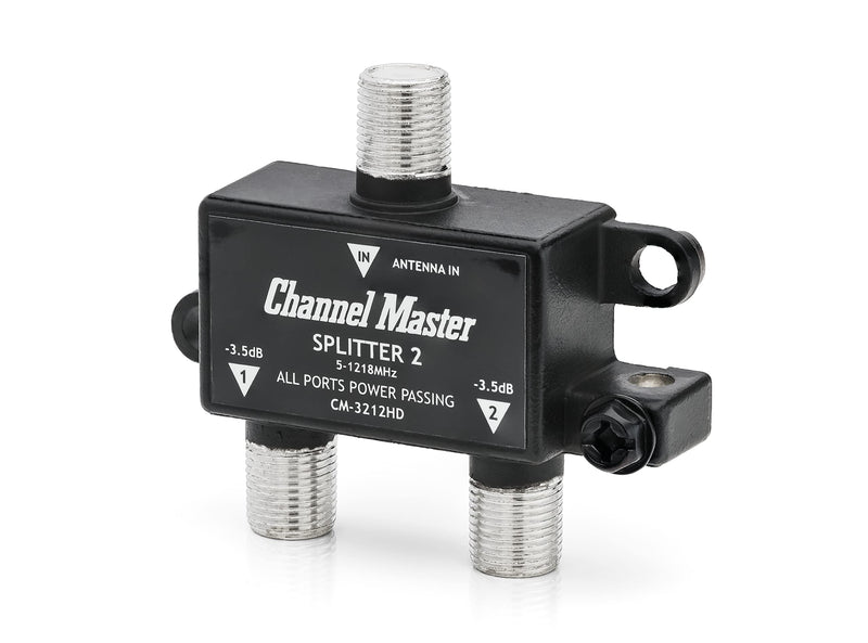 Channel Master Splitter 2, 2-Way Splitter with Power Passing Capability for TV Antenna and Cable Signals 2-Port Black