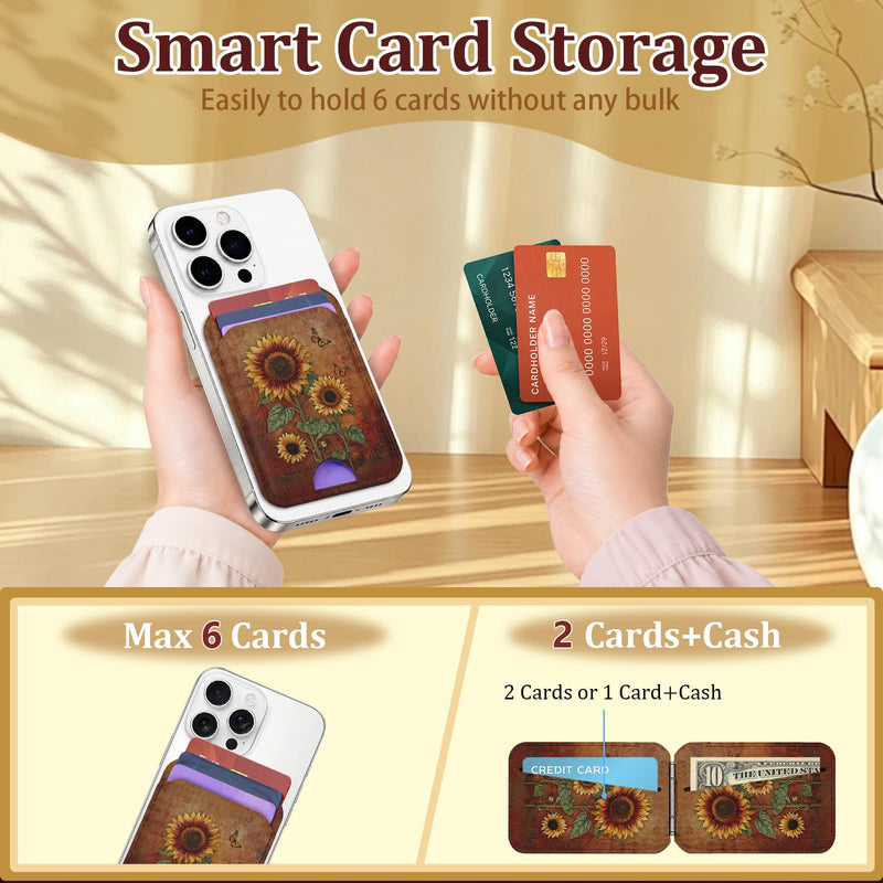 bolimoss Sunflowers Magnetic Wallet Stand,Leather Card Holder with 3 Card Slots & 2 Rings, Phone Wallet with Adjustable Stand for Phone Case,Magnetic Wallet for iPhone 17/16/15/14/13/12 Series(Brown) Fall Sunflowers
