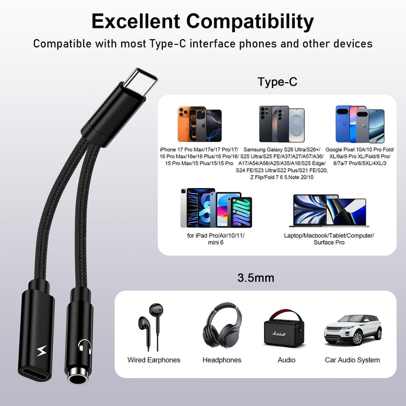 USB C to 3.5mm Headphone Charger Adapter USBC Splitter 2 in 1 Dongle Cable | Fast Charging Aux Audio Jack Adapter for Samsung Galaxy S26 Ultra A37 A17 A36 A27 A57 S25FE A16 A54 S24,iPhone 17 16,Pixel 10