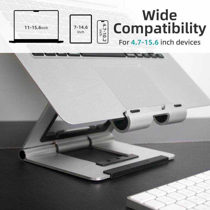 Adjustable Laptop Stand for Desk, Foldable Aluminum & Ergonomic Laptop Riser Holder Compatible with MacBook Air/Pro, HP, Dell, Lenovo and Tablet(10-17 inch) -Silver Silver-white