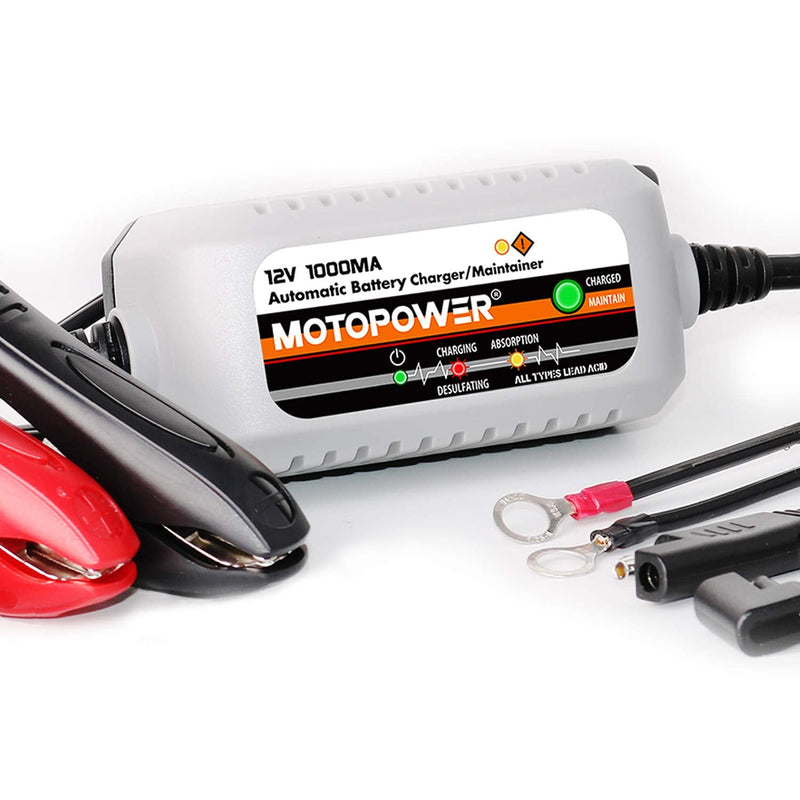 MOTOPOWER MP00205B 12V 1000mA Automatic Battery Charger, Battery Maintainer, Trickle Charger, and Battery Desulfator with Timer Protection - Grey a) - Grey