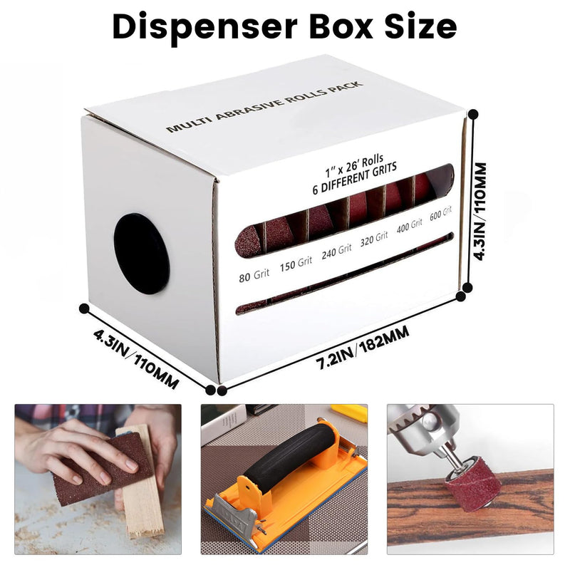 Emery Cloth Roll,6 Grits 1'' x 26FT Sandpaper Roll with Dispenser,80 150 240 320 400 600 Grit Sand Assortment,Sanding Paper Roll & Sandpaper Sheets for Metal Auto Wood Dry&Wet Polishing.(6Rolls 26FT) 6Rolls 26FT