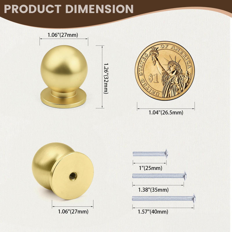 12 Pack Polished Brass Cabinet Knobs, Round Ball Gold Drawer Dresser Knobs, Solid Modern Kitchen Knobs, Diameter 1.06"(27MM) 12