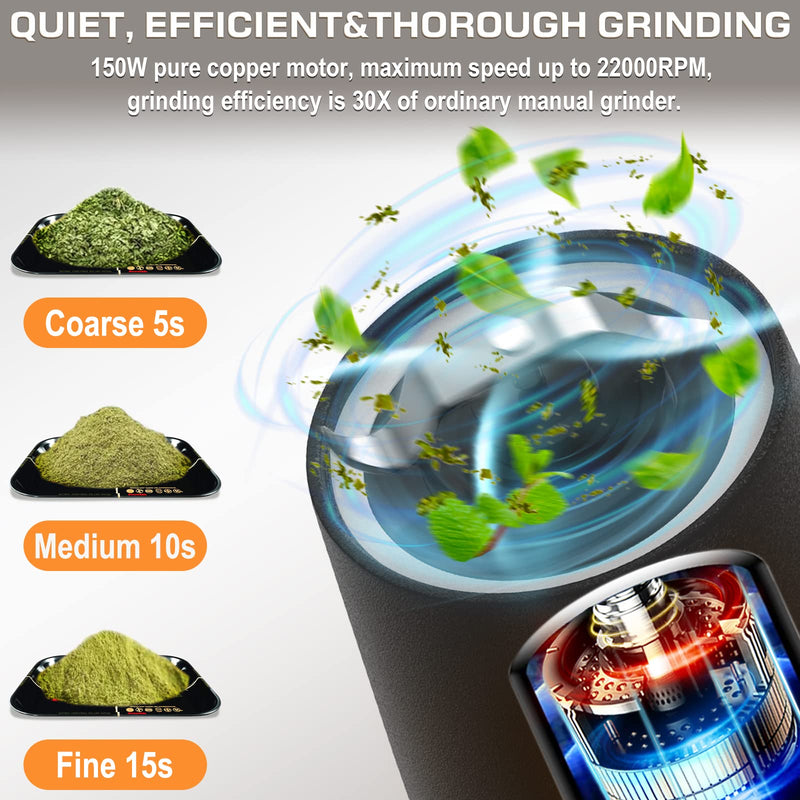 Electric Herb Grinder 150W Spice Grinder USB-C Rechargeable, Compact Size, Easy On/Off. Fast Grinding Dry Spices Herbs, with Pulse Mode and Cleaning Brush (Black) 30g Black