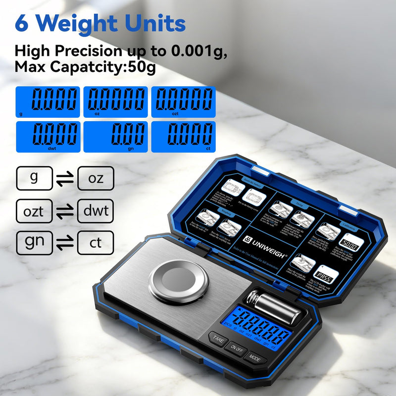 UNIWEIGH Milligram Scale Precision 0.001g/50g | Digital Jewelry Scale for Powder,Gold,Gem,Reloading,Micro Gram,Coins Scale 6 Units,Tare,Pocket mg Scale with Cal Weight