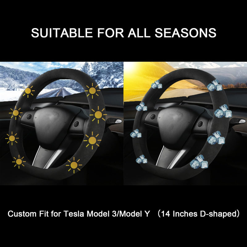 Suede Steering Wheel Cover for Tesla Model 3/Y, Anti Heat, Breathable, Anti-Slip,Leather Steering Wheel Cover 14-14 1/4 in (35.5-36 cm) (Black-02) Black-02