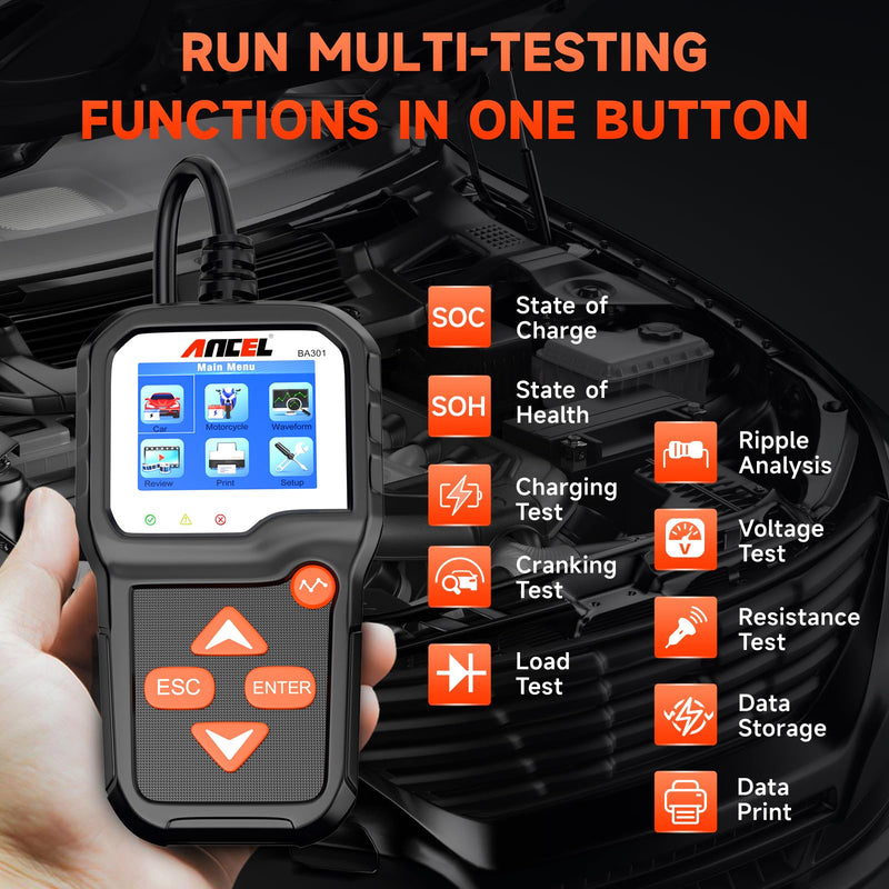  [AUSTRALIA] - ANCEL BA301 6V 12V Car Battery Tester, 100-2000 CCA Automotive Load Tester Alternator Tester Auto Digital Battery Analyzer Cranking and Charging System Test Tool for Motorcycle Car Boat Truck SUV ATV