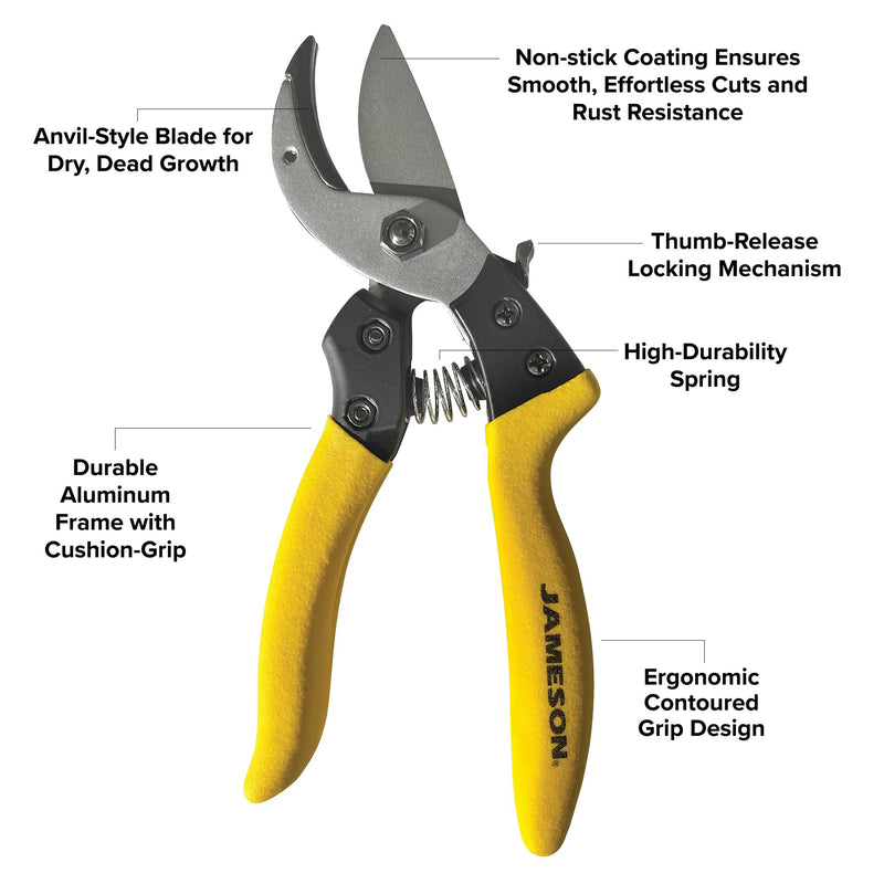 Jameson Anvil Pruning Shears – Heavy-Duty Professional Grade Pruner, 3/4” Cutting Capacity, Non-Stick Coating, Ergonomic Grip, Durable Aluminum Frame for Precision and Long-Lasting Performance