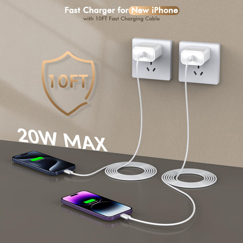10FT Fast Charging for iPhone 16 15 Charger,2Pack 20W USBC Wall Charger Travel Plug Block Long 10Foot iPhone 16 15 Charging Cable for iPhone 16/16 Pro/15/15 Plus/15 Pro/15 Pro Max/iPad Mini 6/iPad Air 2Pack (10FT C-C) 2