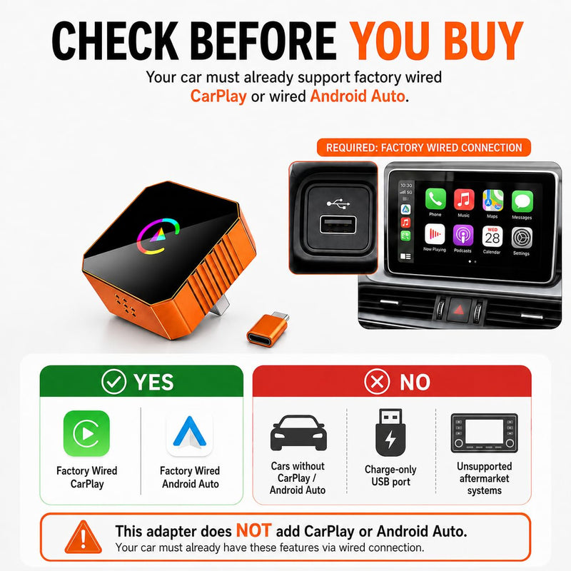 2026 Wireless CarPlay & Android Auto Adapter, 2-in-1, Dual-Band WiFi Fast auto-Connect, Vented Cooling and Plug-and-Play Setup for Vehicles with Factory-Wired CarPlay or Android Auto.Orange | Fast auto-connect, vented cooling and plug-and-play setup fo...