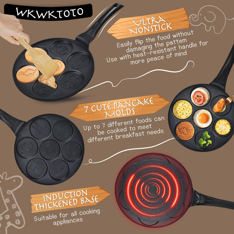 Pancake Maker Egg Frying Pan Suitable for All Stovetops & Induction Cooker, 10.5 Inch Animal Pancake Pan, 7 Molds Pancake Maker with PFOA Free Coating Black