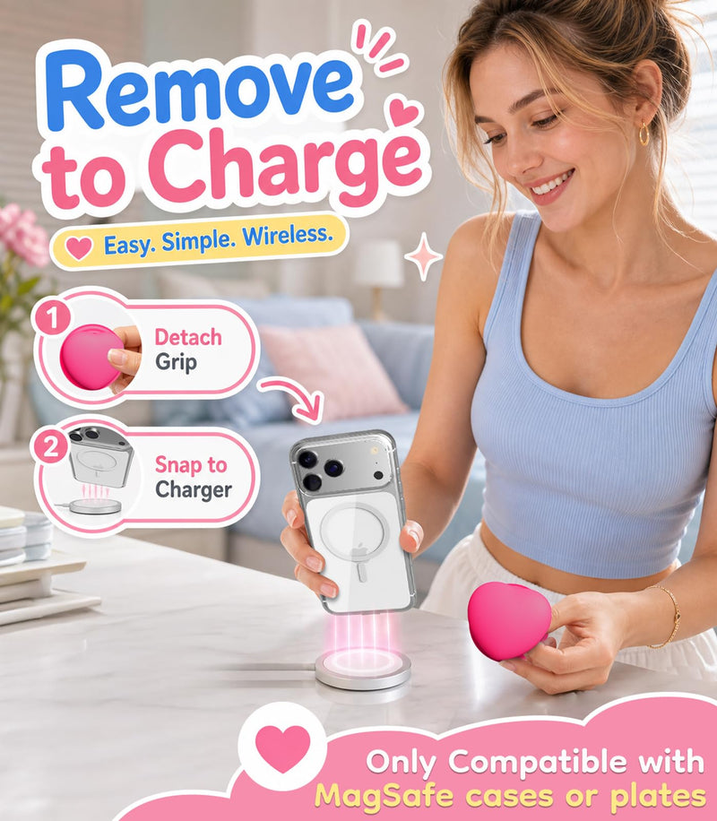 Cute Heart for MagSafe Phone Grip, Soft Silicone, Neonpink | Magnetic Finger Grip Holder & Adjustable Kickstand, One-Touch Attachment for iPhone 17 16 15 14 13 12 11 Samsung