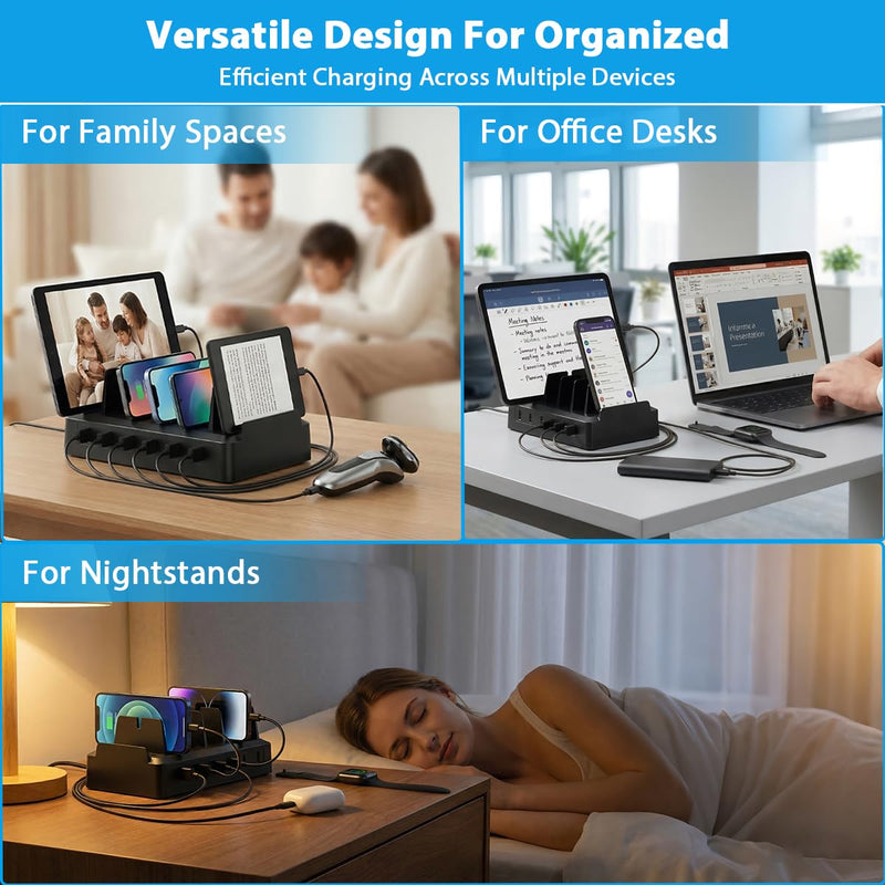 Charging Station for Multiple Devices, 6 Port USB Desktop Charger Dock Compatible with iPad, Samsung, Android, Tablet, Family Multi Phone Charging Organizer with Divider Holders, Fireproof ABS (Black) Black