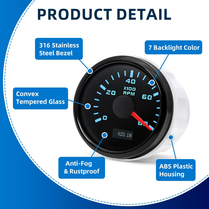 MH Tachometer 2-1/6" 52mm 8000 Tach Boat RPM Gauge 7 Color Waterproof for AUTO Car Truck Marine（Black）