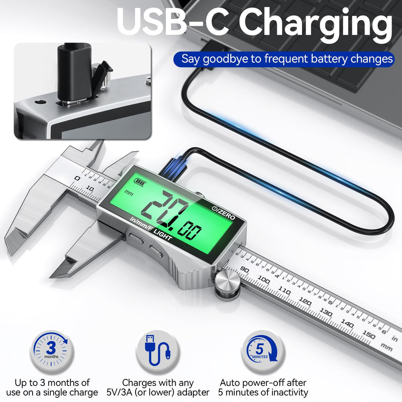 Rechargeable Digital Caliper 6 Inch, High-Precision Stainless Steel Vernier Caliper with Backlight, Support MM/in/F, Type-C Charging, LCD Screen Measuring Tool White