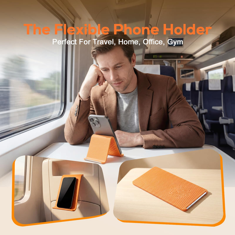 Foldable Airplane Phone Holder for Travel (1 Pack, Orange) | Flexible Silicone Aluminum Phone Stand for Tablet Laptop, Travel, Desk, Bed & Treadmill