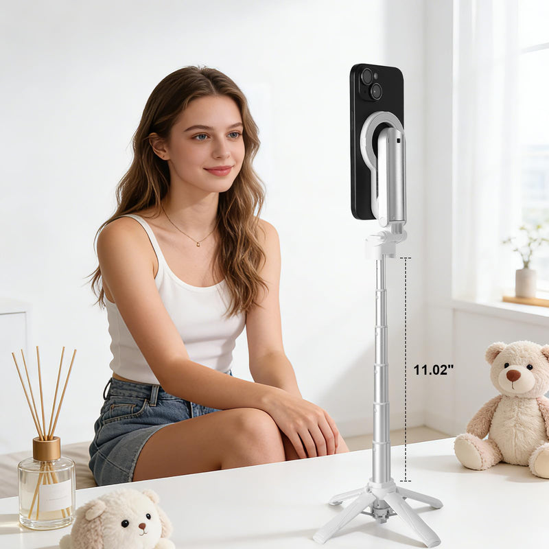 Magnetic Selfie Stick Tripod with Selfie Monitor, Aluminum Phone Holder, 360° Rotatable Stand, Wireless Remote, Portable Vlogging Kit for iPhone & Android