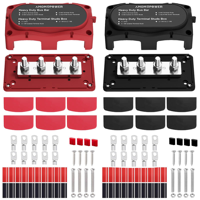 2Pcs 300A Busbar 12-48V DC Heavy Duty Copper Power Distribution Block 4 X M8 (5/16") Terminals Studs 8 Srews with Waterproof Cover Battery Bus Bar for Automotive RV Marine Truck(Black&Red) Black&Red
