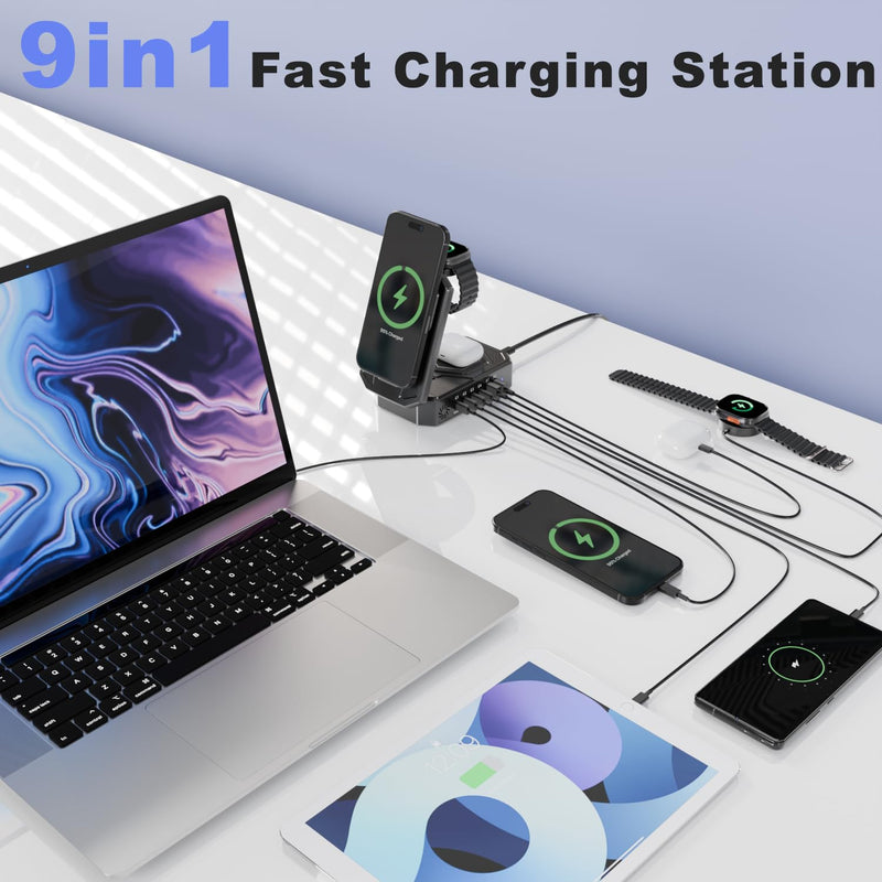 9-in-1 Magnetic Charging Station Foldable - 250W Hub with 100W USB-C for Laptops, 3-in-1 Wireless Dock for Phones/Watches/Earbuds