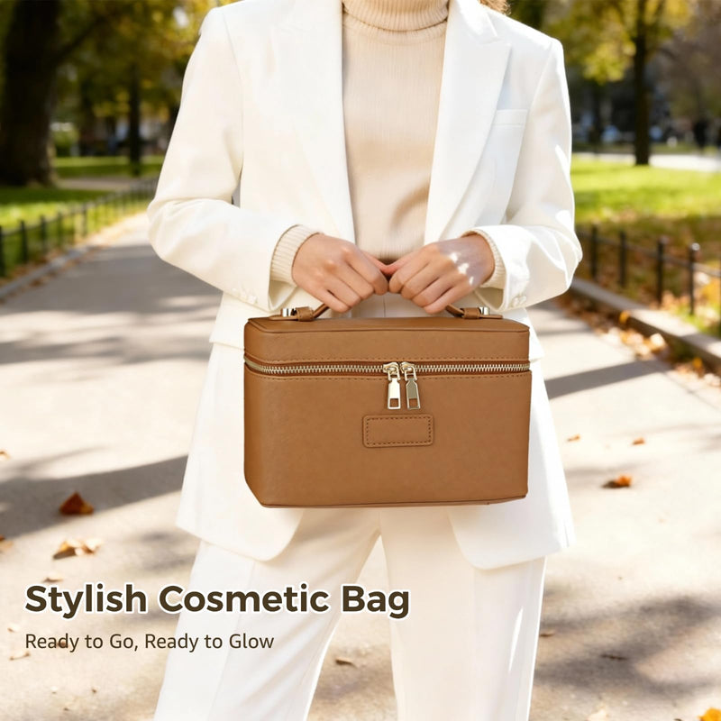 OMISTAR Makeup Vanity Bag for Women - Large Capacity Cosmetic Organizer with Removable Liner, Waterproof PU Leather Skincare Bag, Portable Chic Cosmetic Make Up Case for Skincare, Accessories, Brown