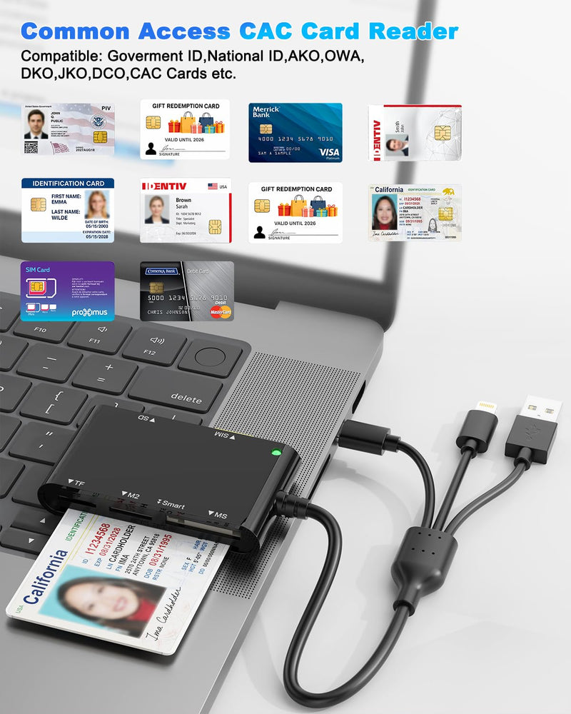 7-in-3 CAC Reader for CAC/SD/TF/M2/ID/IC/SIM/PIV/Ms Card USB A/C/Lightning | USB A/USB C/Lightning 3-Port,SIM Card Adapter for iPhone,Military cac,multi card reader,Plug and Play,Portable Design Black