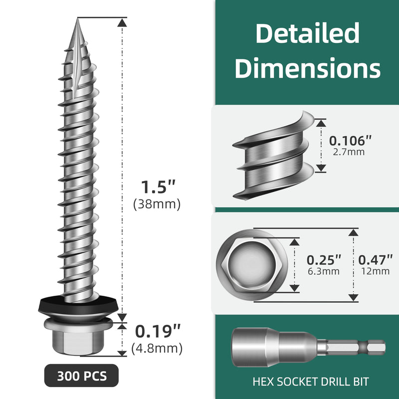 300Pcs #10 x 1-1/2 Inch Hex Head Metal Roofing Screws, Hex Head Metal Roof Screws with Rubber Washer, Construction Self Tapping Screw with Hex Socket #10 x 1-1/2" 300
