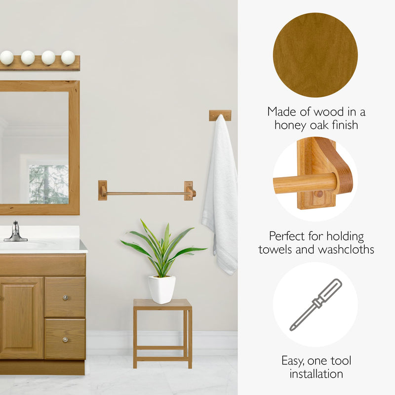 Dalton 4-Piece Bathroom Accessory Set, Honey Oak, Includes Towel Bar, Towel Ring, Toilet Paper Holder, and Robe Hook – Design House, 561258 4 Piece Set