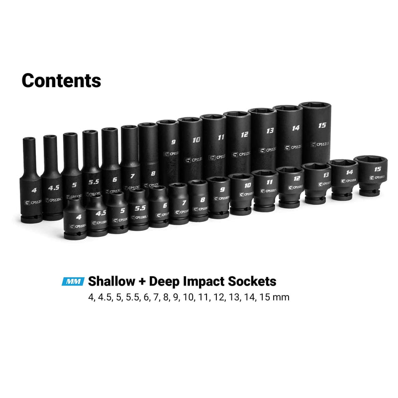 Capri Tools 1/4-Inch Drive Master Impact Socket Set (Shallow & Deep Set / 4-15 mm) Shallow & Deep Set / 5/32-19/32 in.