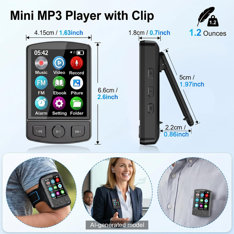 Fohil 64GB MP3 Player with Bluetooth 5.2 and Built-in Clip | HiFi Audio, 128GB TF Card Expansion, FM Radio and Recording, 1.2 oz Compact Design, E-Book Reader and Speaker 64.0 GB