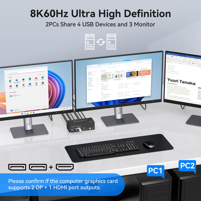 HDMI Displayport KVM Switch 3 Monitors 2 Computers 8K@60Hz 4K@120Hz USB 3.0 DP KVM Switch for 2 PC Share Multi Monitor and 4 USB Devices Included Support Extended & Copy Mode White