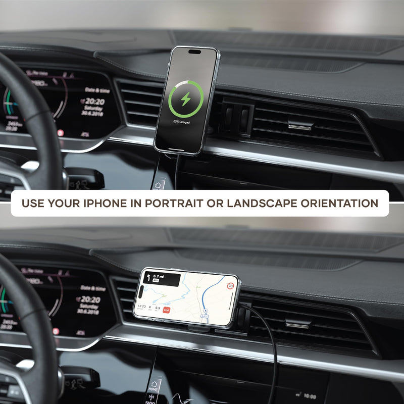 Satechi Qi2 Wireless Car Charger, Travel Friendly Car Phone Mount Charger for Air Vents, 15W Fast Chargers, for iPhone 17 to 12 Series
