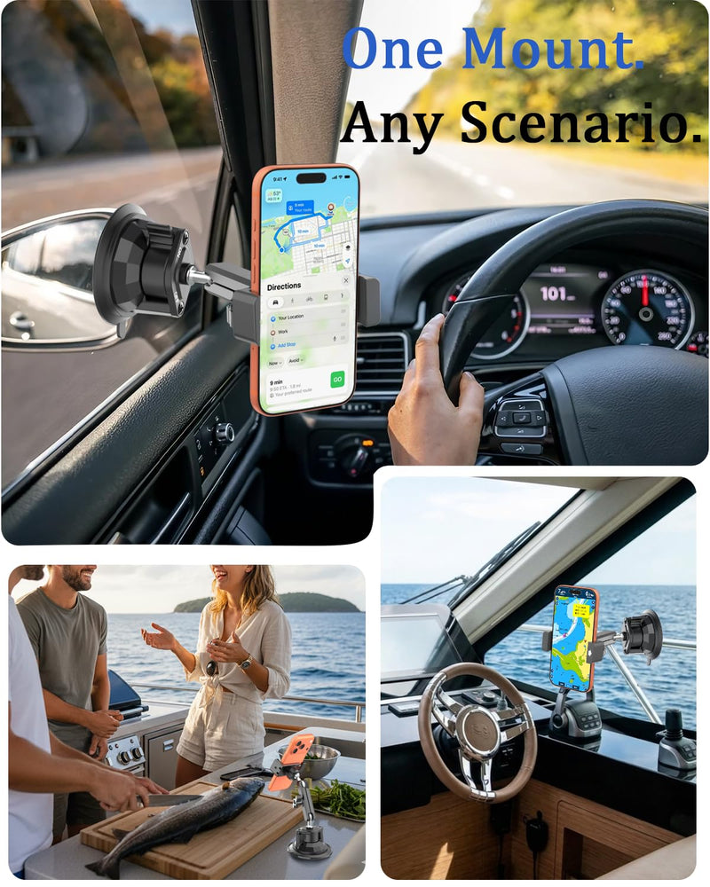 Boat Phone Mount, Marine Phone Holder with Strong Suction Cup | Heavy Duty Metal Marine Phone Holder for Dashboard & Windshield, Fits 4–7" Smartphone, Fishing Boat Kayak Yacht Navigation