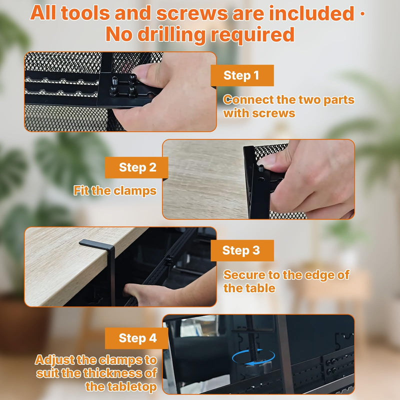 Under Desk Cable Management Tray, 15-25in Retractable Metal Cord Organizer Rack, No Drill Desk Tray with Clamp, Anti-Slip Pads Cable Tray for Home, Office, Gaming, Standing Desks