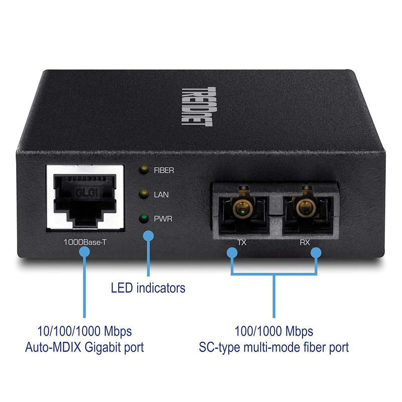 TRENDnet 1000Base-T to 1000Base-SX Multi-Mode SC Fiber Converter, up to 550M (1800 ft.), 2 Gbps Switching Capacity, TFC-GMSC 550 M Gigabit