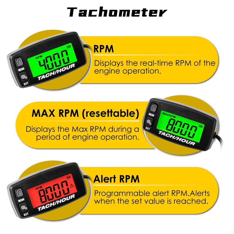 Self Powered Digital Tachometer Hour Meter,Inductive Maintenance Waterproof Backlit Shutdown Tach/Hour Meter,Battery Replaceable,for Lawn Mower Tractor Generator and Gas Engine