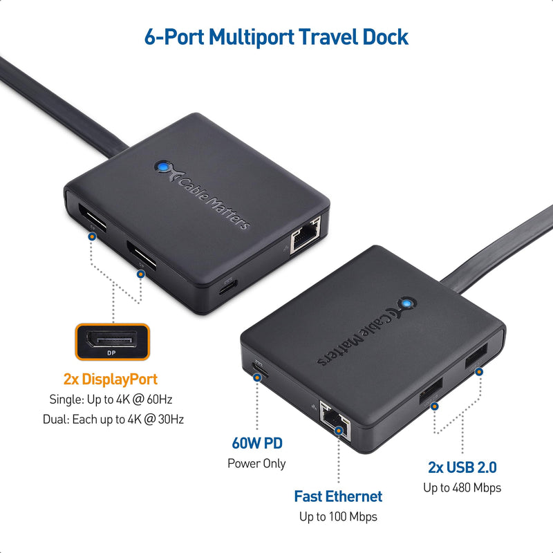 Cable Matters Dual Monitor USB C Hub (USBC Dock) with Dual 4K DisplayPort, 2X USB 2.0, Ethernet, and 60W Charging - Thunderbolt 4 / USB4 / Thunderbolt 3 Port Compatible for Windows and Linux.