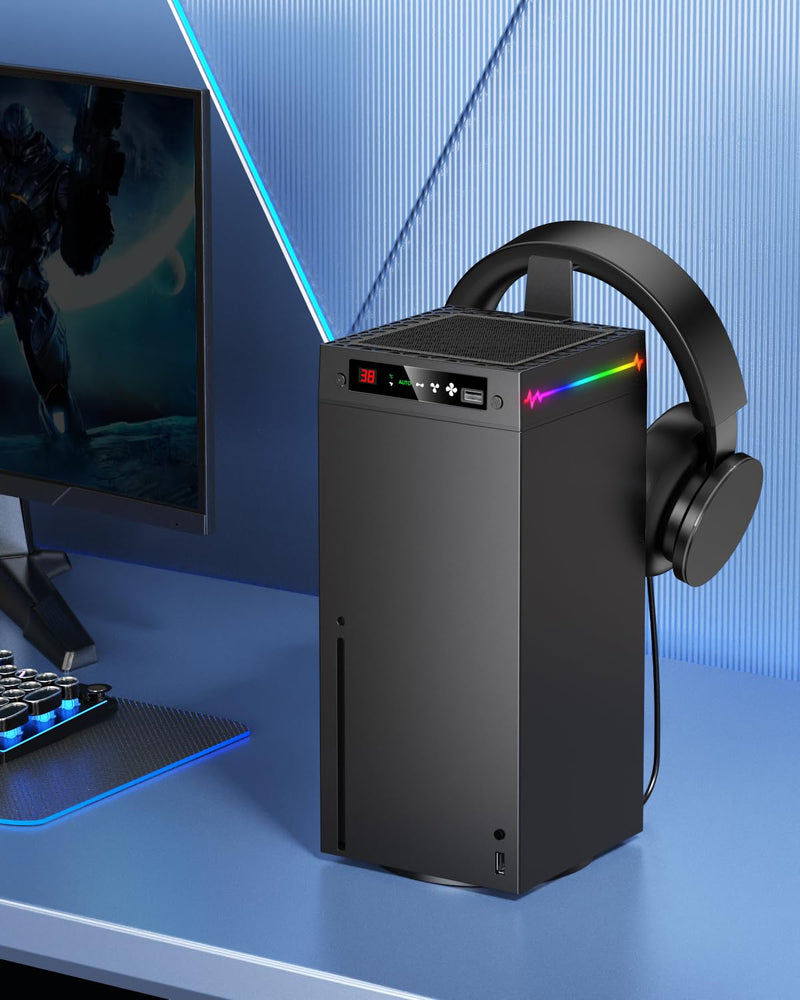 [LED Display] Auto Cooling Fan for Xbox Series X with 9 RGB Light Modes | Cooling System Adjustable by Temperature for Xbox Series X Console, Cooler&Light Switch, Headset Hook, USB Port, One Consoles