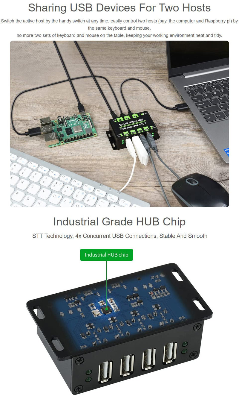 Waveshare Industrial Grade USB HUB Extending 4X USB 2.0 Ports Switchable Dual Hosts Sharing USB Devices for Two Hosts