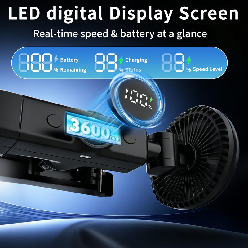 Rechargeable Car Fan for Backseat Kids Baby, Battery and USB Dual Power Car Fans with LED Display,Powerful 3 Speeds 360° Rotatable Dual Head Cooling Car Seat Fan for Sedan SUV RV Truck Vehicle Large