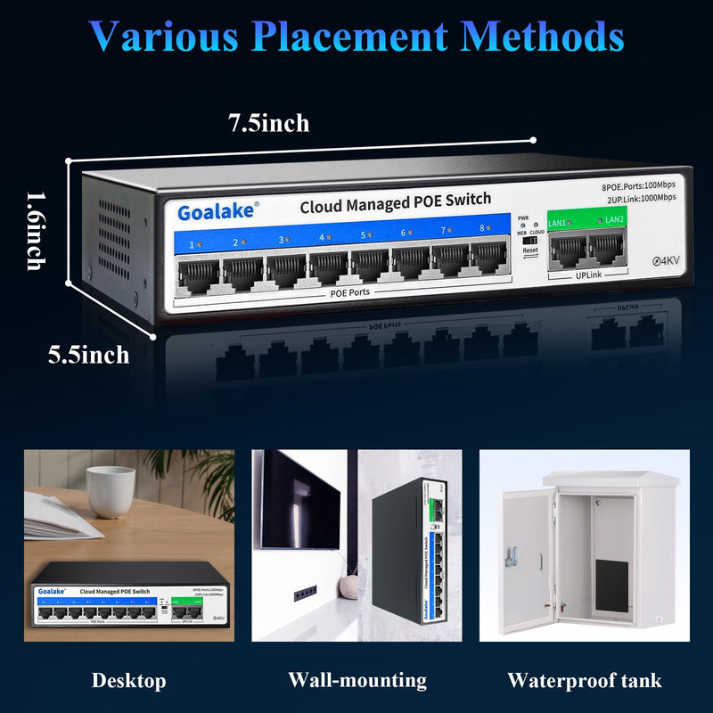 10-Port PoE Switch (8 PoE Ports@120W Built-in Power, 2 Uplink) with Extend Function, Managed Ethernet Switch, Plug & Play, Fanless Metal Design, VLAN, Qos,Desktop/Wall Mount 10 PoE Ports|Easy Managed