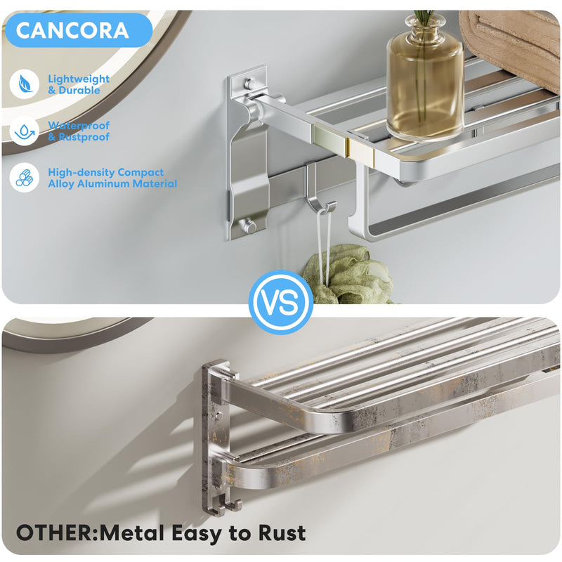 Foldable Wall Mounted Towel Rack, 23 Inch Rustproof Aluminum Towel Shelf with Bar & 5 Hooks, Space Saving Bathroom Organizer, Silver Matte Silvery
