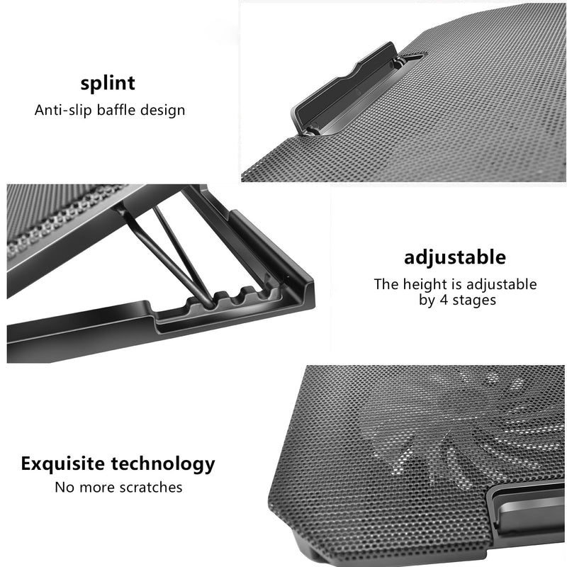Laptop Cooling Pad, Cooler Pad Chill Mat 2 Quiet Fans LED Lights and 2 USB Ports 5 Height & with Adjustable Speed Mounts Metal Mesh Design, for 9"-17" Laptops（Black） Black
