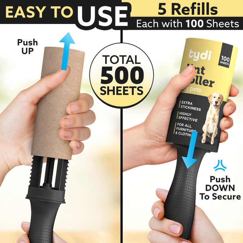 Tydi Pet Hair Lint Rollers, 500 Sheets with 2 Handles | 100 per roll · Reusable design · Also lifts fluff from clothes 5 Rolls + 2 Handles