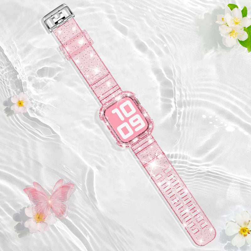 DABAOZA Compatible for Clear Apple Watch Band 41mm 40mm 38mm 42mm 44m 45mm 49mm with Case, Women Glitter Bling Sport Strap for iWatch Band Ultra 2/1 Series 9 8 7 6/SE 5 4 3 2 1 Glitter Clear Pink 41mm/40mm/38mm