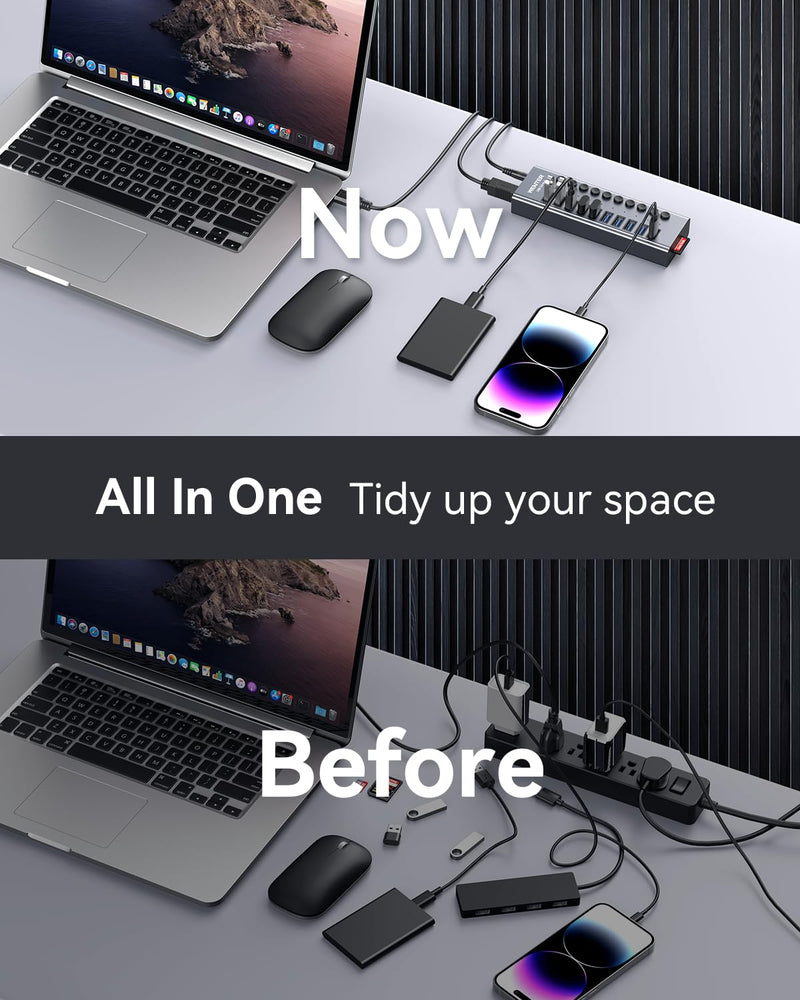 WENTER Powered USB Hub 3.0 with SD/TF Card Reader, Aluminum 10 Port Powered USB Hub (9 USB 3.0 Data Transfer Port & 1 USB Fast Charging Port Hub) USB 3.0 Hub for PC, Laptop Aluminum 9+1 Powered USB Hub