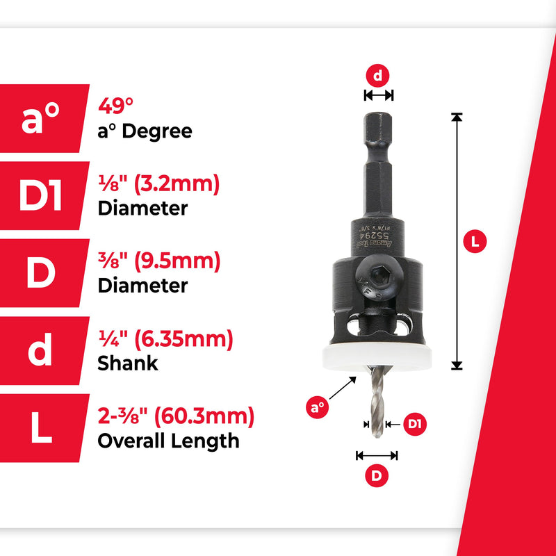 Amana Tool 82 Degree Countersink with Adjustable Low Friction Drill Bit Depth Stop, 55294, 3/8 D x 1/8 Drill Dia x 1/4 Inch Quick Release Hex Shank
