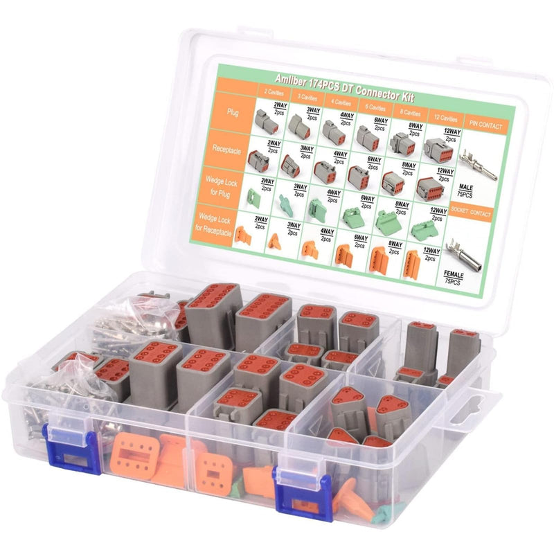 174Pcs 12 Kits DT Series DT Connector Kit 2 3 4 6 8 12 Pin Connectors with Size 16 Stamped Contacts for Deutsch Connector, IP68 Waterproof Automotive Electrical Connectors Plug