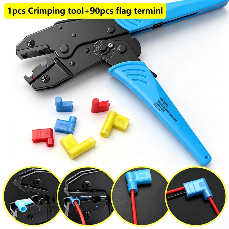 smseace 91pcs Right Angle Spade Connectors with Flag Terminal Crimper 22-18/16-14/12-10AWG Quick Disconnect Flag Connector + Electrical Crimping Tool for Right Angle Spade Connector