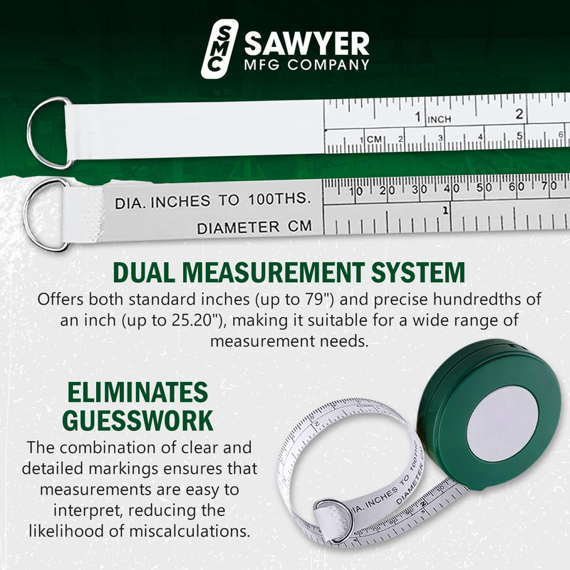 Sawyer Mfg Company Pipe Tape – Compact, Portable Tool for Fieldwork – Durable, Quick & Easy to Use – Standard Inches for Outside Diameter (Up to 79") – Hundredths Measurements (Up to 25.20")