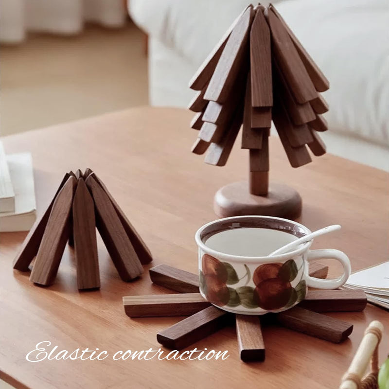 Trivets for Hot Dishes, 4 Artful Foldable Wooden Hot Pads for the Kitchen, Store as a Decorative Christmas Tree for Dishes, Pans, and Teapots | Creative Kitchen Gift Made of Walnut Wood A Walnut 4 pcs